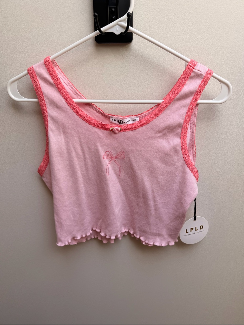 NWT Love & Lazy Days Pink Bow Trim Tank Lettuce Hem Girly Coquette